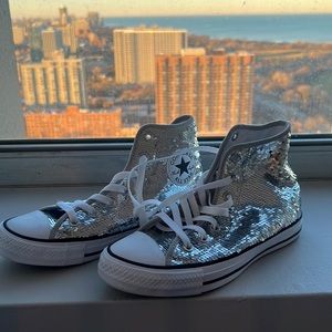 Converse Women's Metallic Chuck Taylor High Sneakers In Silver Sequin